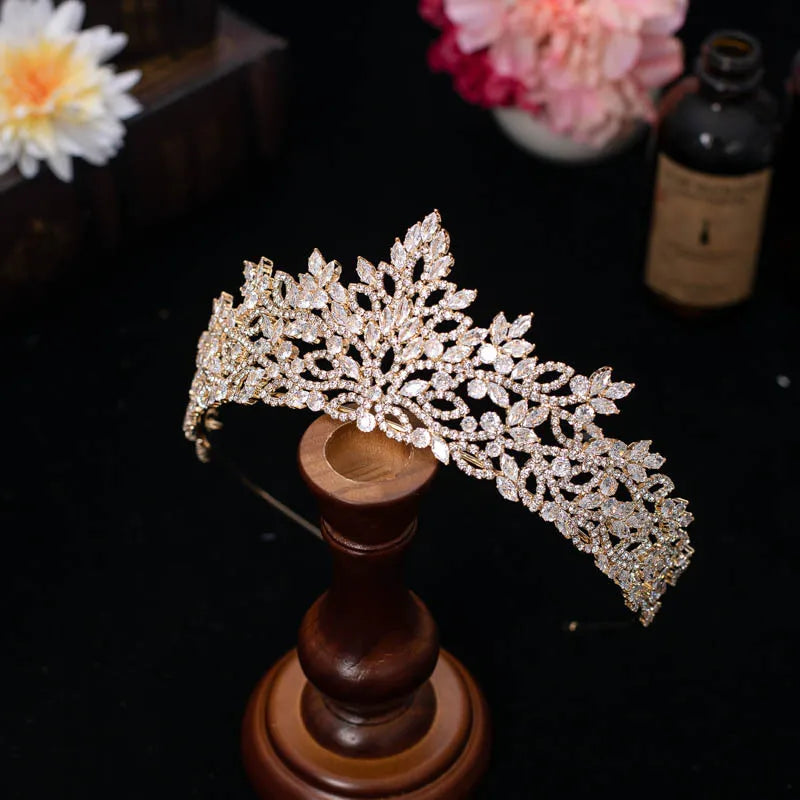 SLBRIDAL Luxury Sparkling Full Cubic Zircon Bridal Tiara Wedding Crown Pageant CZ Hair Accessories Women Girl Party Hair Jewelry