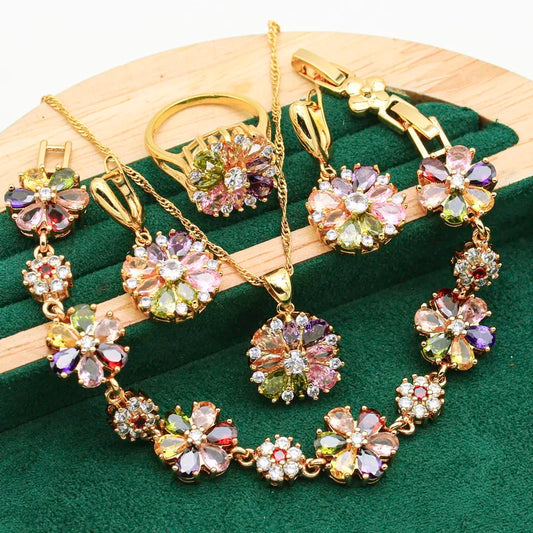Women's Gold Plated Silver Wedding Jewelry Set Multi-Color Zircon Emerald Earrings Bracelet Necklace Ring-for Parties Special