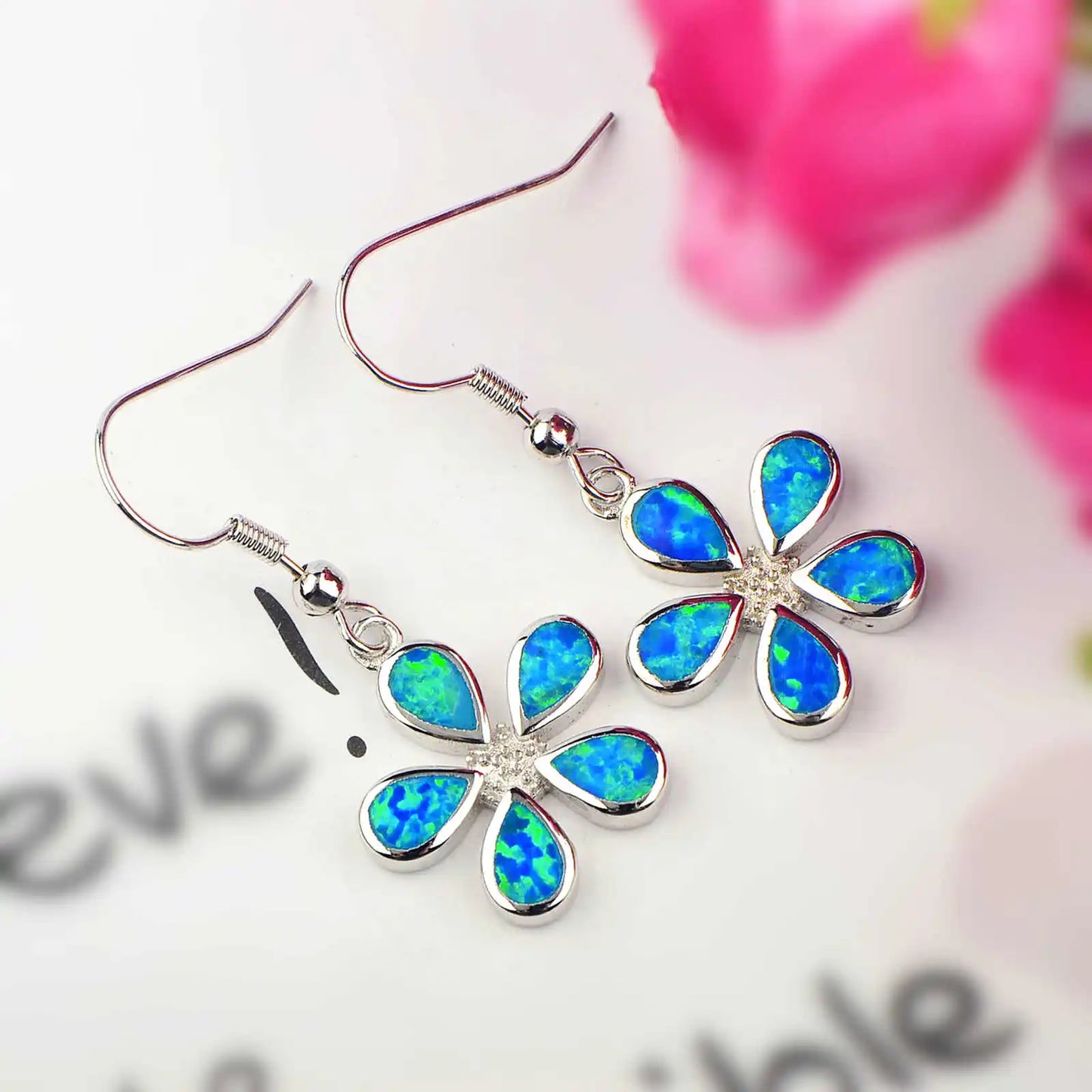 Dual-Tone Flower Opal Drop Earrings - Blue Fire Opal Petals & Gold-Accent Center Design | Whimsical Daily Jewelry Bulk Gifts