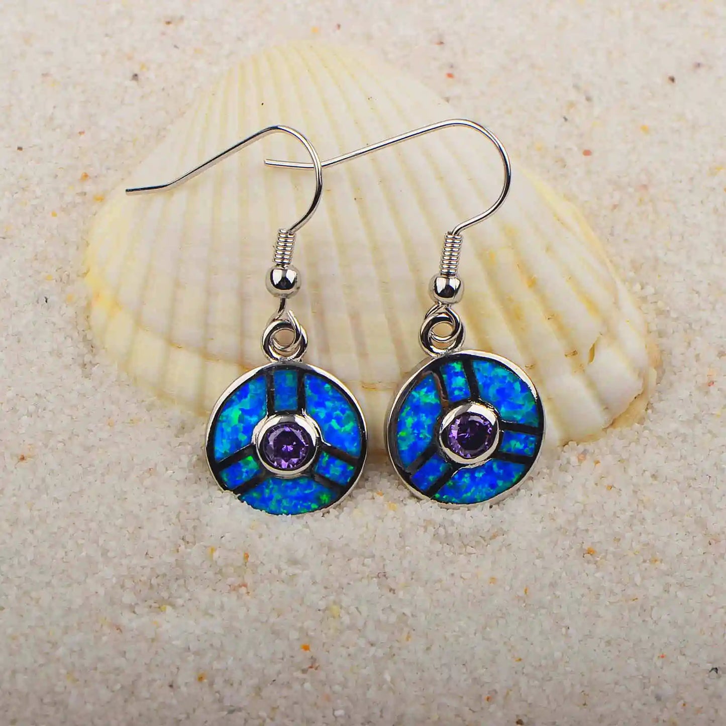 Stained-Glass Style Opal Drop Earrings - Blue Fire Opal & Amethyst Center | Artistic Daily Jewelry Bulk Gifts