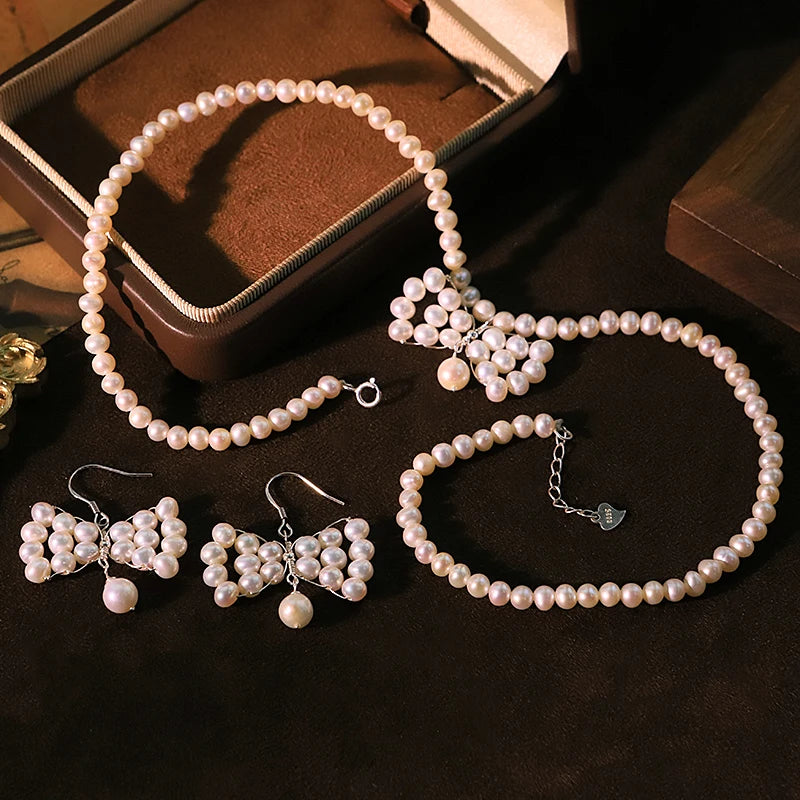 Natural Pearl Bowknot Sterling Silver Necklace Earrings Luxurious High-Quality Set for Banquet Wedding Women's Jewelry GS0228