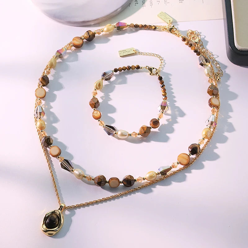 Natural Pearl Tiger Eye Stone Pendant Bracelet Set of Three New Design Creative Set for Banquet Gifts Women's Jewelry GS0219