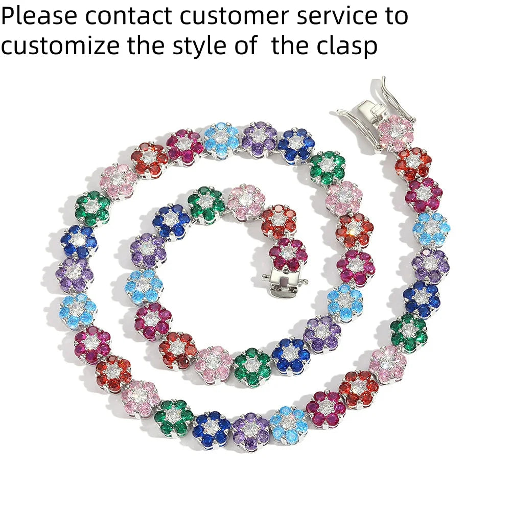 Fashion Colorful Flower Charm Zircon Rainbow Tennis Necklace  for Women Luxury Bling Jewelry Gemstone Necklace