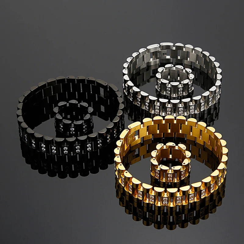 KALEN Hip Hop CZ Gold Silver Titanium Stainless Steel Biker Belt Bracelet for Men