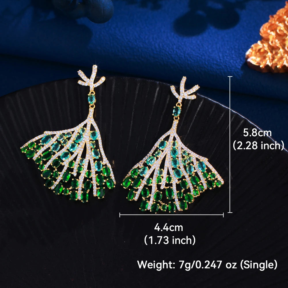 S&S Green CZ Oversized Tree Leaf Dangle Drop Earrings – 18K Gold Plated – Collection