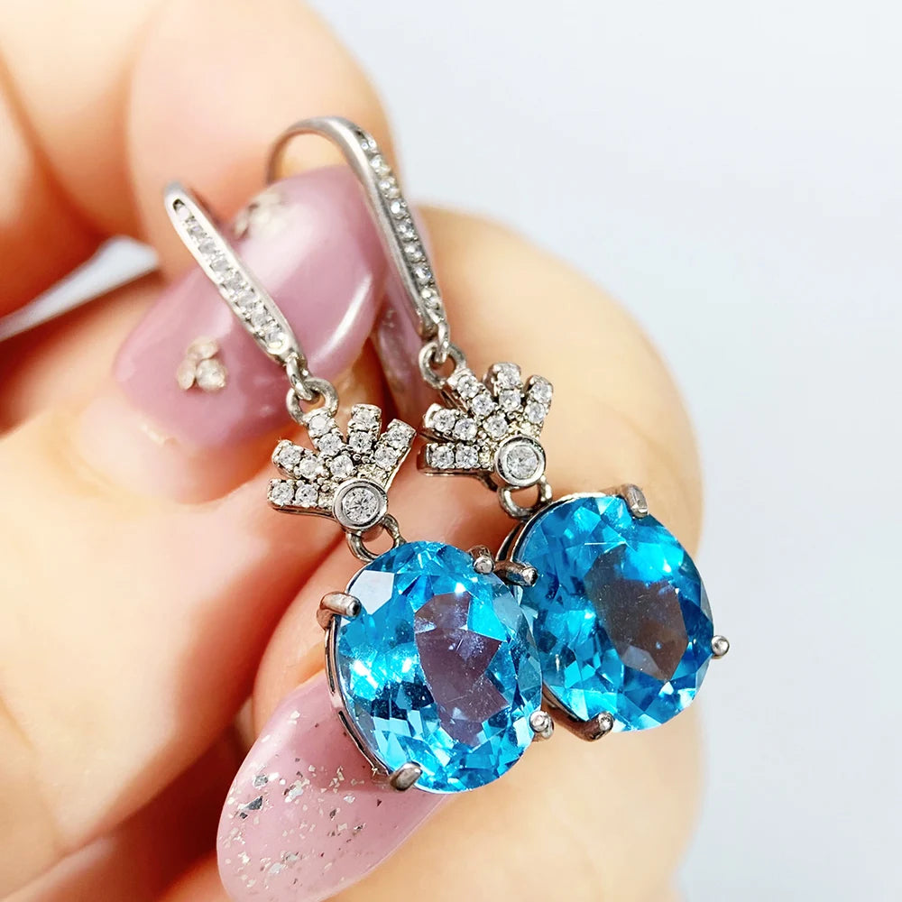 Gioiellieri S925 Sterling Silver Natural Blue Topaz Drop Earrings with Genuine Gemstone for Women Fine Jewelry Birthday Gift for Girls