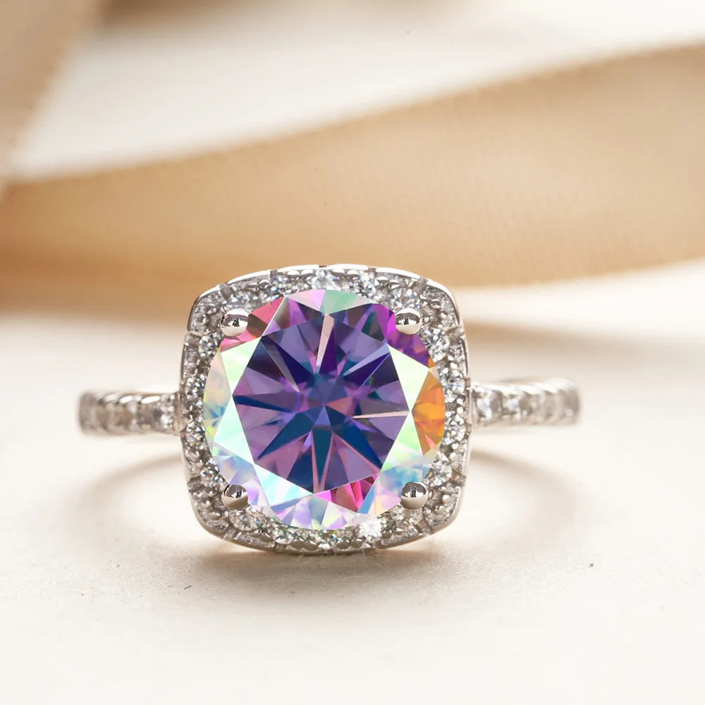 Wholesale 925 Silver PT950 Platinum Plated Square Bezel Set Round Cut 3 Carat VVS GRA Colored Moissanite Engagement Ring
