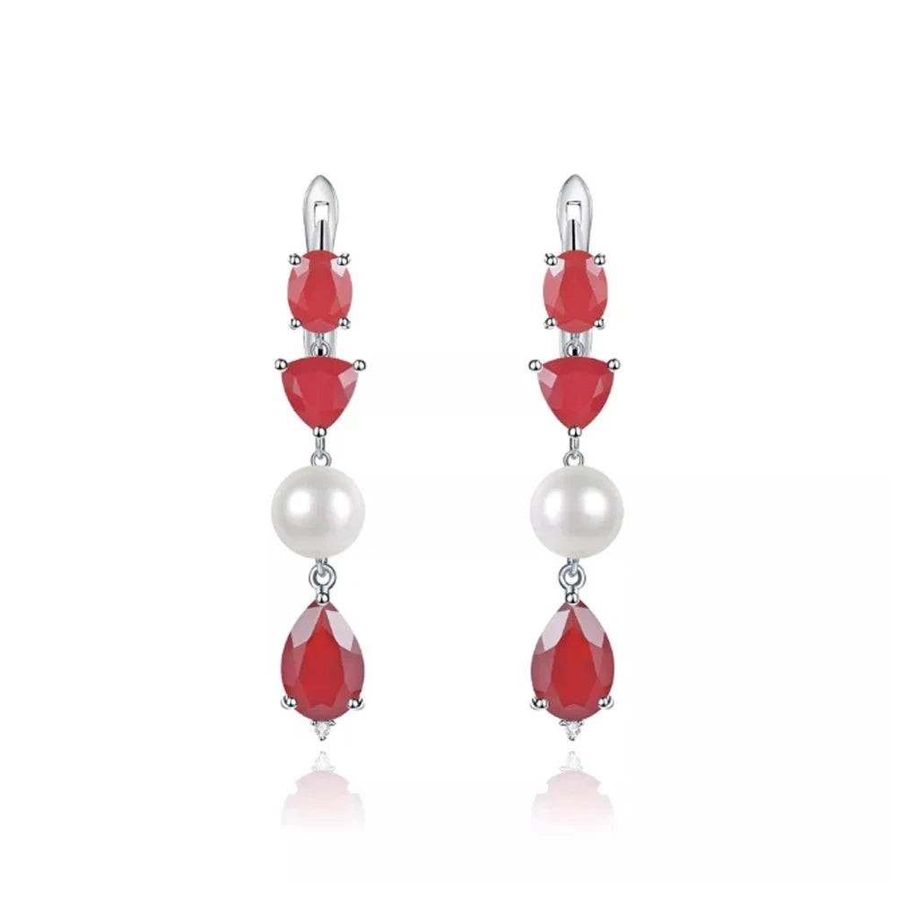 ArtistA Abiding Price Natural Red Agate Freshwater White Pearl Solid 925 Silver Adjustable Ring Pendant Earrings Jewelry Set