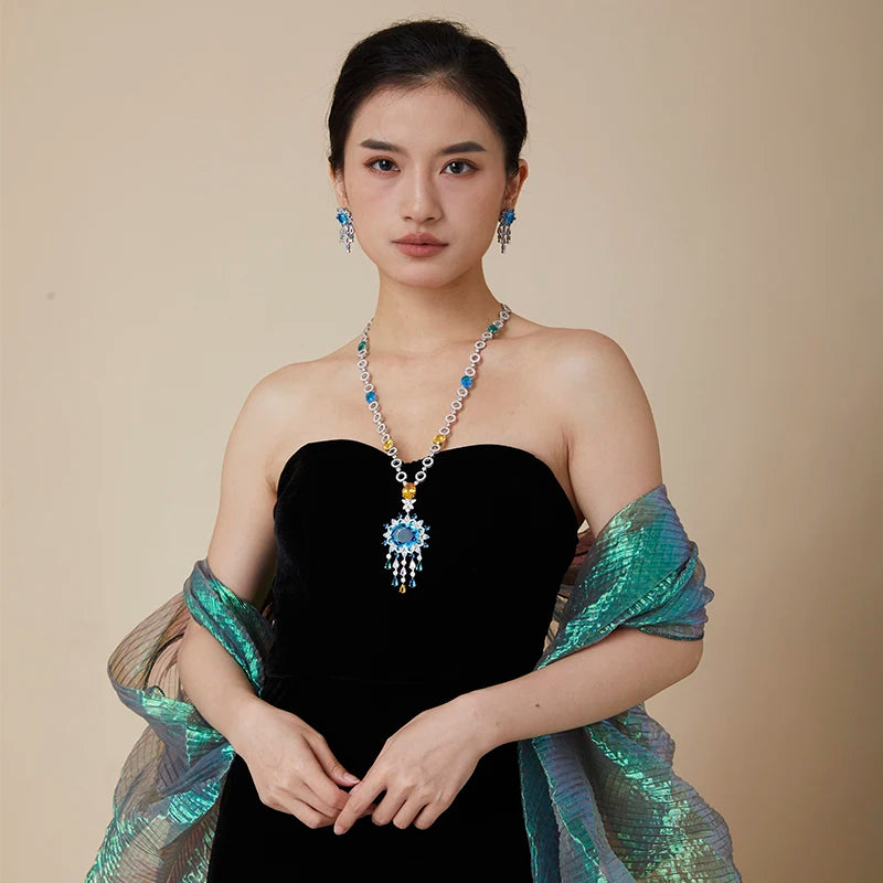 Women's Blue Waterproof Long Necklace Earring Set with Big Zircon Stone Exaggerated Blue Stone Temperament Accessories Weddings