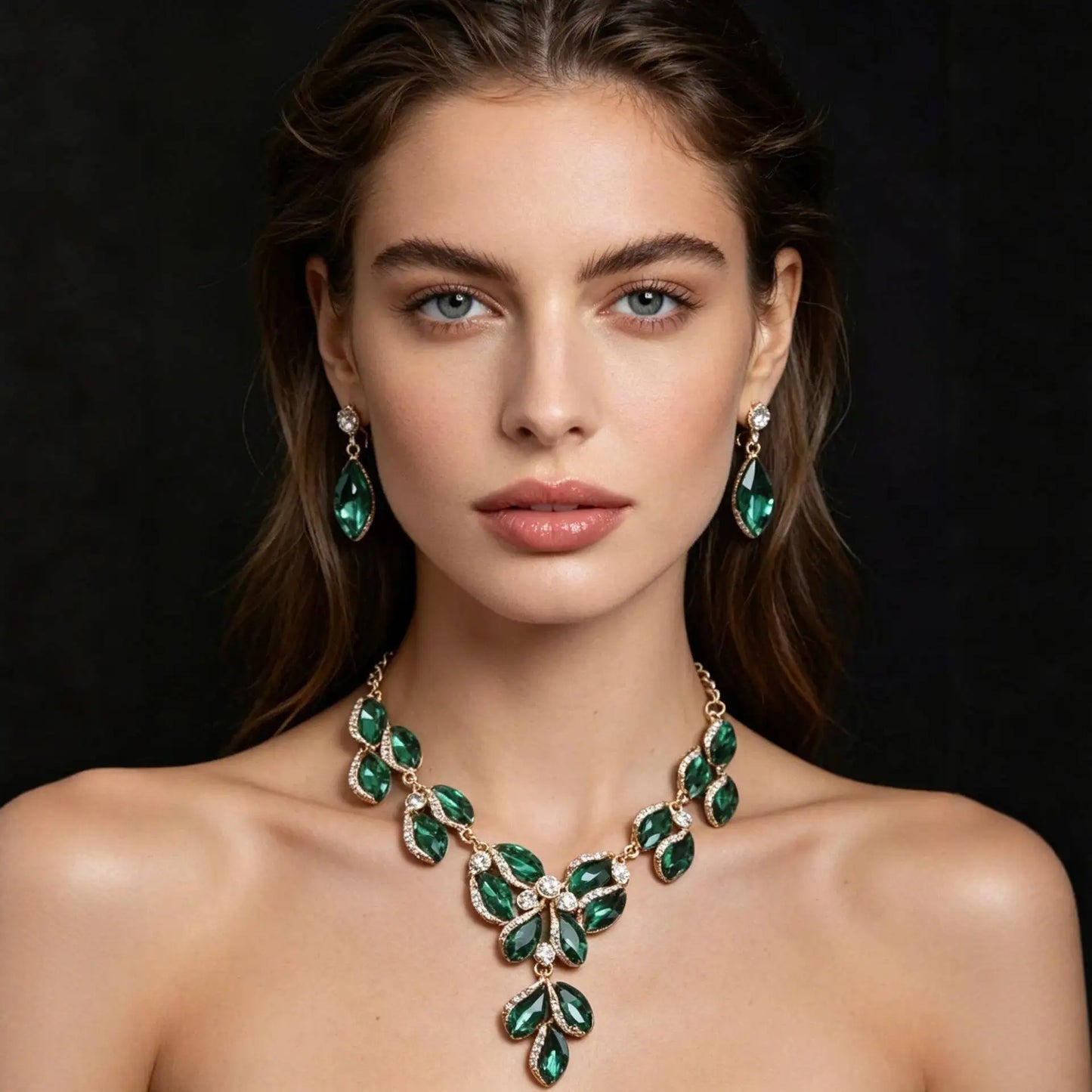 XM S392 Gold Plated Retro Gemstone Crystal Floral Necklace & Earrings Bridal Set