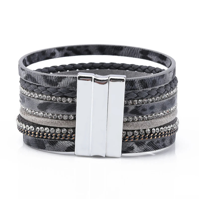 FASHIONISTA Hot Selling Fashion European and American Brick Inlaid PU Leather Magnetic Buckle Natural Leopard Print Ladies Bracelet