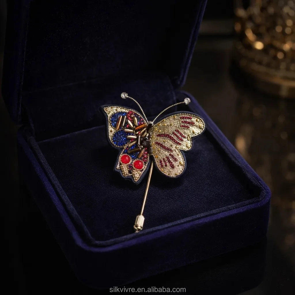 Hand Embroidered Silk Butterfly Brooch Yunjin Fudie Square Shape Brocade Art Pin Luxury Home Decoration for Women