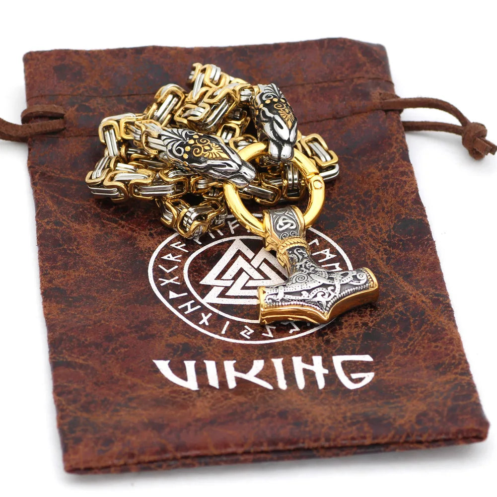 REBEL VIKING Fenrir Wolf Head & Mjolnir Thor Hammer Pendant King Chain Necklace – Stainless Steel