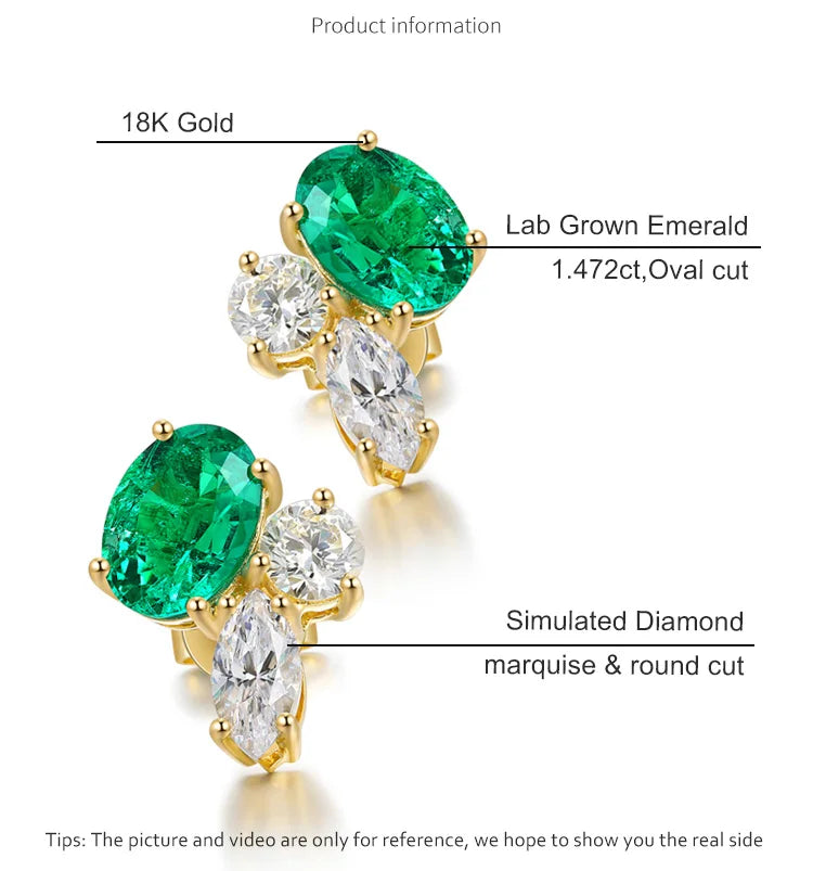 Gemfiori Anster Fine Jewelry 18k Gold White Simulated Diamond 1.472 Ct Lab Emerald Stud Earrings for Gift