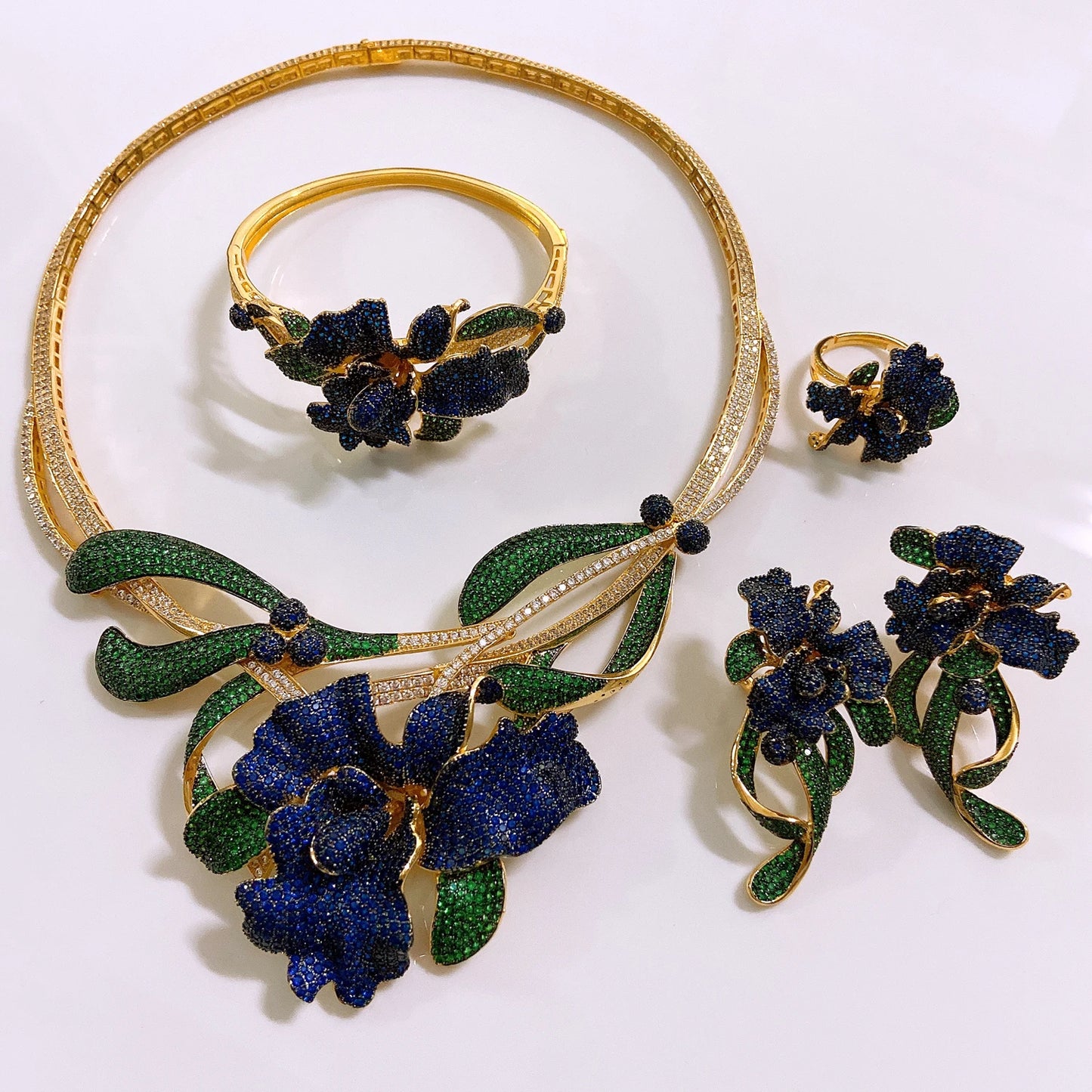 Zhuerrui Luxury Cubic Zirconia Jewelry Set American Diamond Flowers Jewelry Sets Necklace Bracelet Earrings Ring Jewellery Set