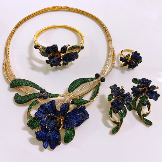 Zhuerrui Luxury Cubic Zirconia Jewelry Set American Diamond Flowers Jewelry Sets Necklace Bracelet Earrings Ring Jewellery Set