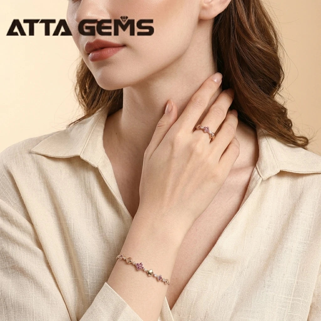 ATTA Luxury Clover Fine Jewelry Set in 925 Sterling Silver with Lab Created Sapphire Gold Plated Necklace Earrings Ring Set