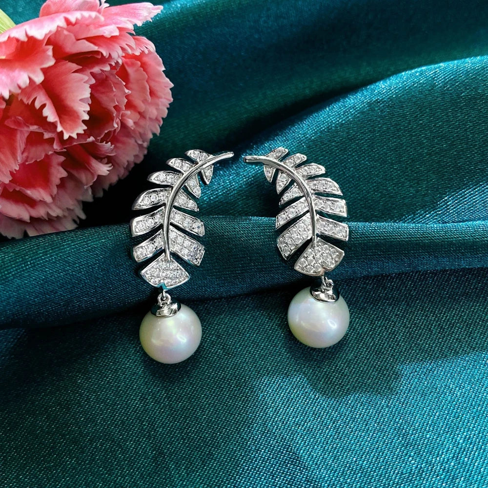 MUSHAN Jewelry Factory Feather Personality and Temperament Women 8mm White Beaded Earrings High Carbon Diamond Earrings