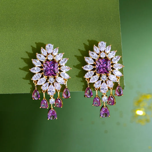 S&S Purple & White CZ Tassel Dangle Drop Earrings | Gold | Bridal Party | NewLife