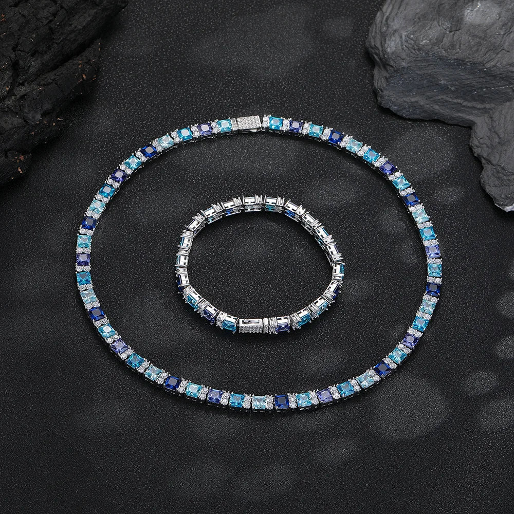 Factory Direct High Quality Blue Gemstone Cubic Zirconia Tennis Necklace 16-20inch Luxury Bling Hip-Hop Necklace