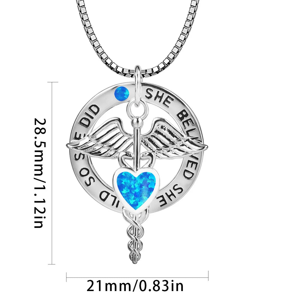Aobao Women's Christian Angel Collarbone Necklace Blue Heart Pendant Copper Silver Plated Lab Created Opal Sweater Chain Gift