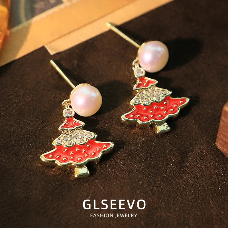 Natural Freshwater Pearl Red Tree-Like Dangle Earrings New in Earrings Gift for Women Girl Christmas Holiday Jewelry GE1744