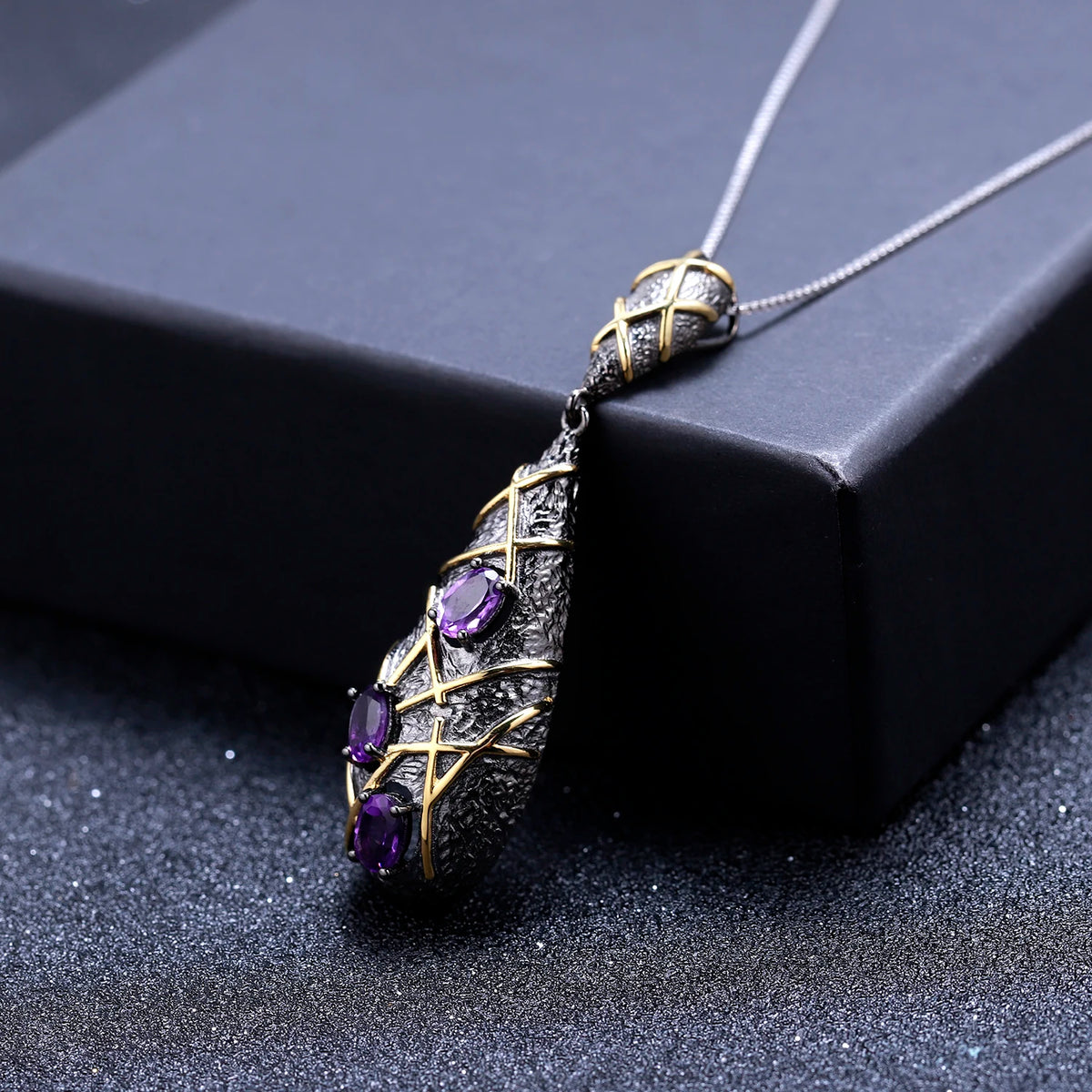 ArtistA C7880 Abiding Vintage-Inspired Gun Black Plated 925 Silver Amethyst Jewelry Set Big Drop Earrings Pendant & Ring