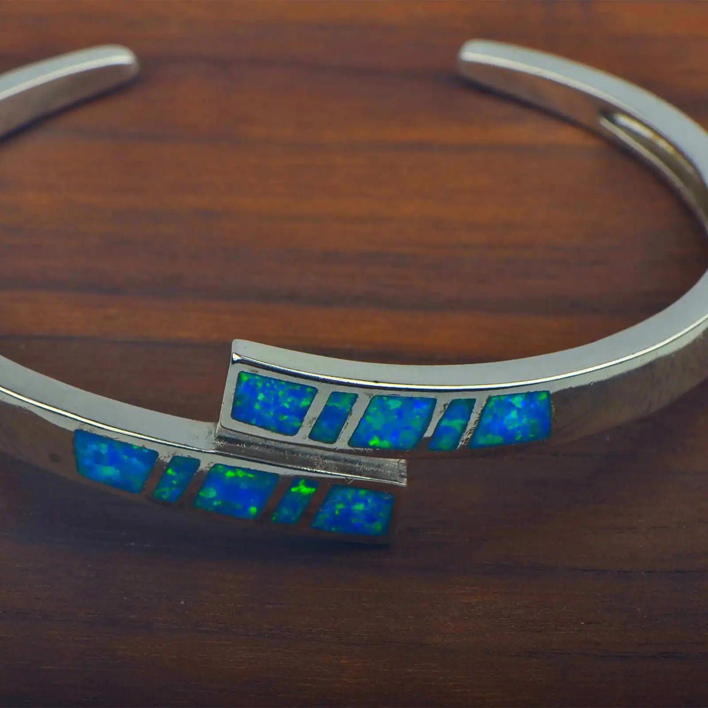 Blue Opal Beaded Brass Bangle Aobao Geometric Inlaid Silver Plated Christian Fashion Jewelry for Anniversary