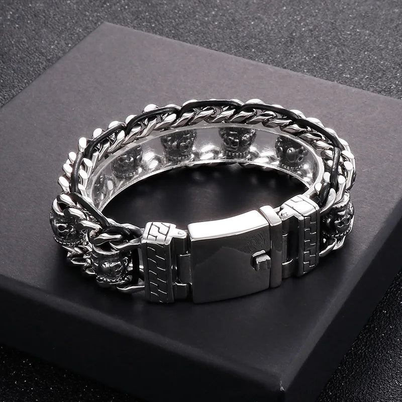 VIKING Mens Punk Skull Charm Stainless Steel & Cowhide Link Bracelet – Silver