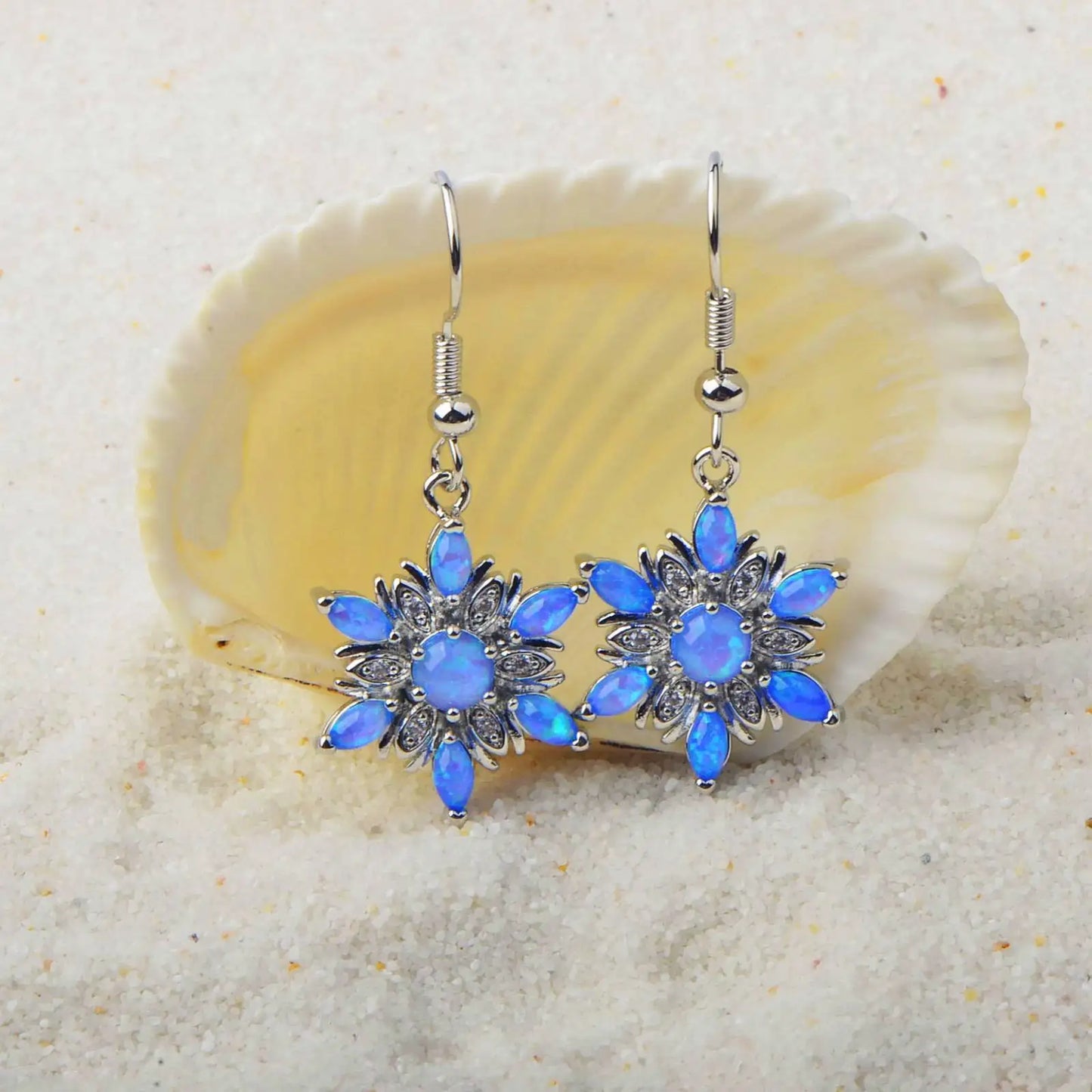 Trendy Ocean Blue Opal Flower Pendant Earrings-Hawaiian Wave-Inspired Brass Dainty Jewelry for Women Gift