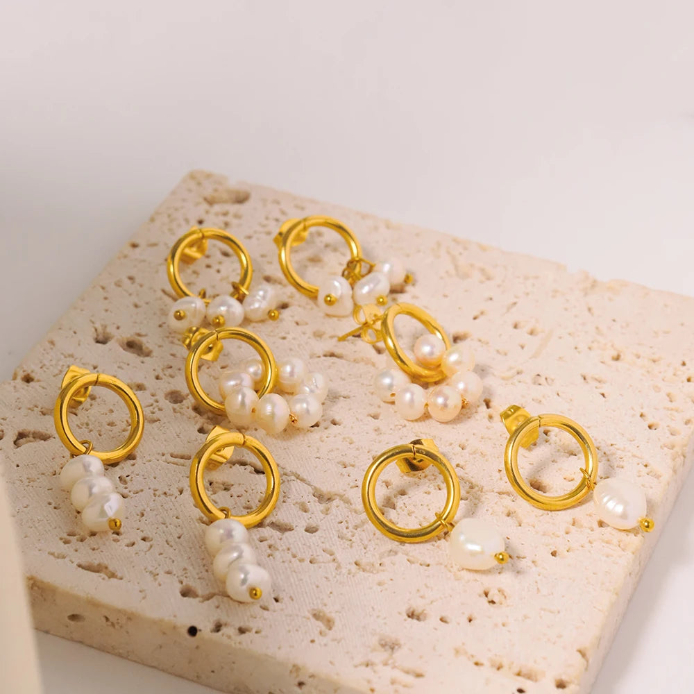 Hypoallergenic Stainless Steel 18K Gold Plated Earrings Freshwater Pearls Baroque Knot Dangling Hoop Earrings for Girls