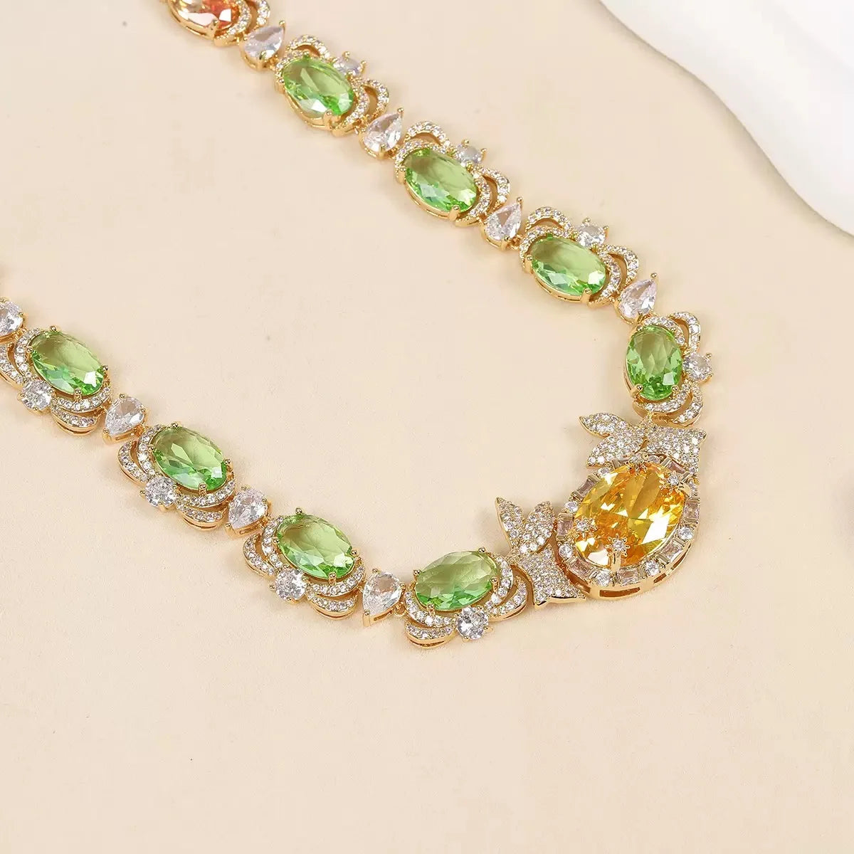 Bella Viva Multi Color Oval Cubic Zirconia Necklace and Earring Sets, 18K Gold Plated Brass, Luxury Wedding Bridal Jewelry