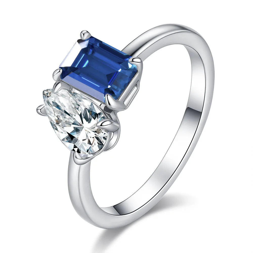 ArtistA Fancy Cut Full Moissanite Jewelry S925 Silver PT950 Platinum Plated Emerald & Pear Cut Two Diamonds VVS GRA Moissanite Rings