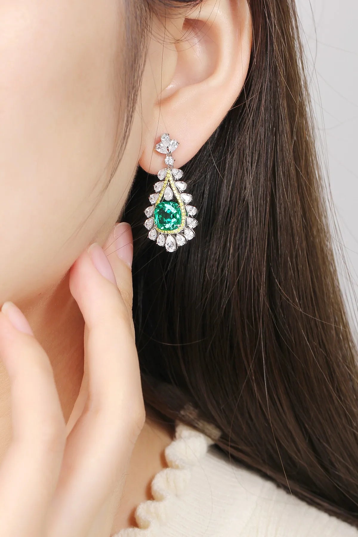 Gemfiori 925 Sterling Silver Earrings Lab Grown Emerald Drop Earrings for Women Vintage Jewelry Gift Idea for Her Wedding Party
