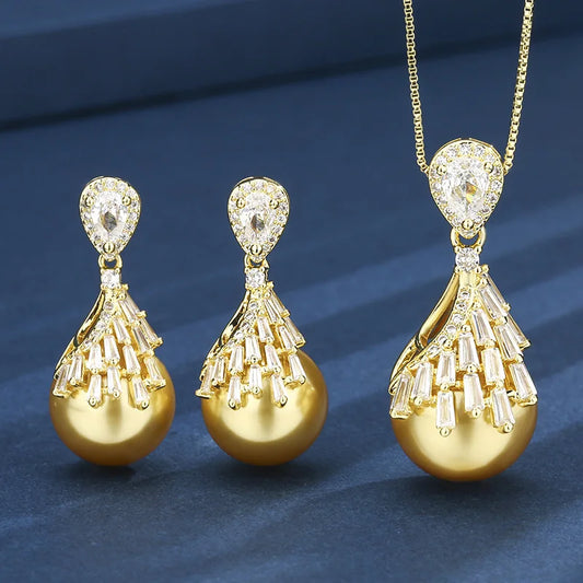 Gemfiori Luxury New 16-14m Pearl Jewelry Set High-end Copper Plated Rhodium Retro Jewelry Suitable for Wedding Women