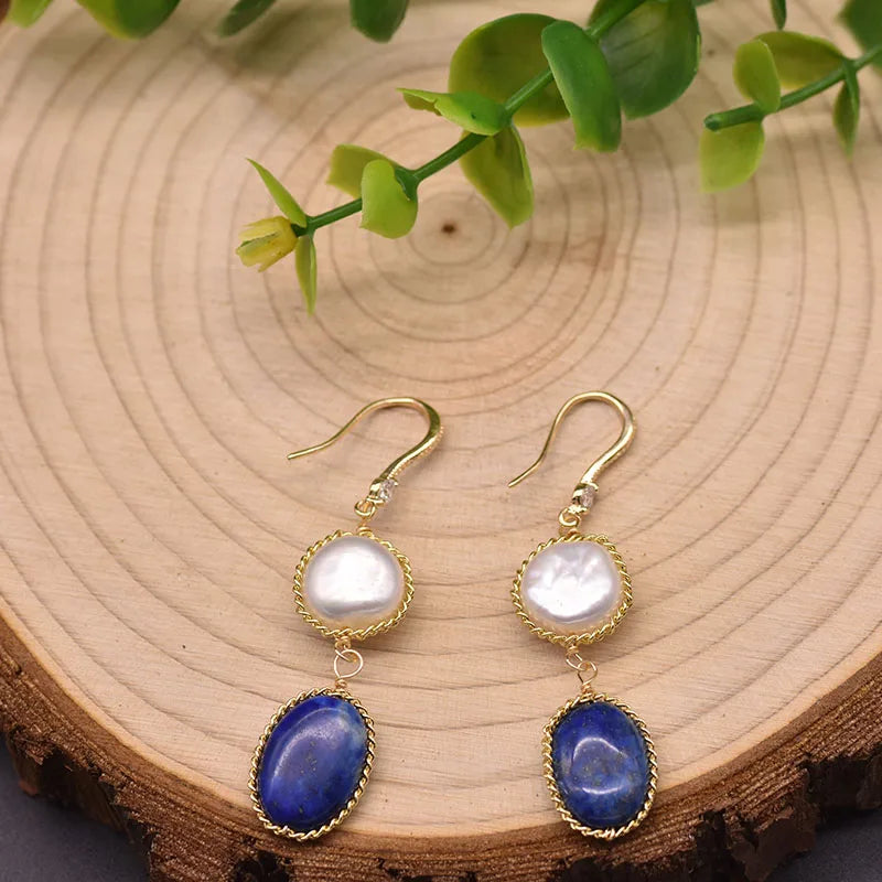 Natural Lapis Lazuli Pearl Temperament Drop Earrings for Women Girls Party Gift Original Design Luxury  Earrings Bulk