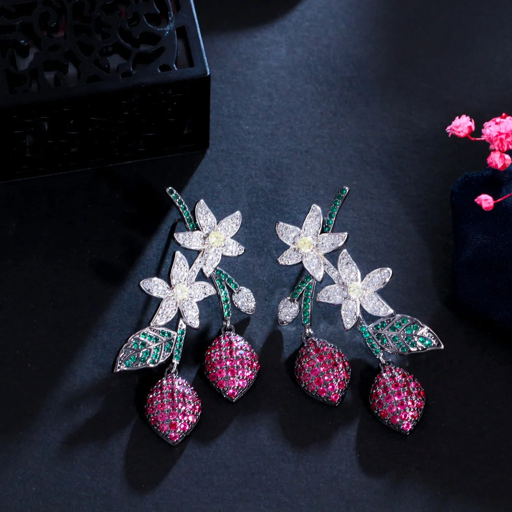 S&S Red CZ Flower Leaf Water Drop Dangle Earrings | Two-Tone | 925 Pin | NewLife