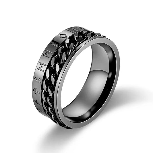 REBEL OAHLAN Fashion Jewelry 8mm Rotating Viking Script Chain Stainless Steel Rings for Men Wedding Engagement Party