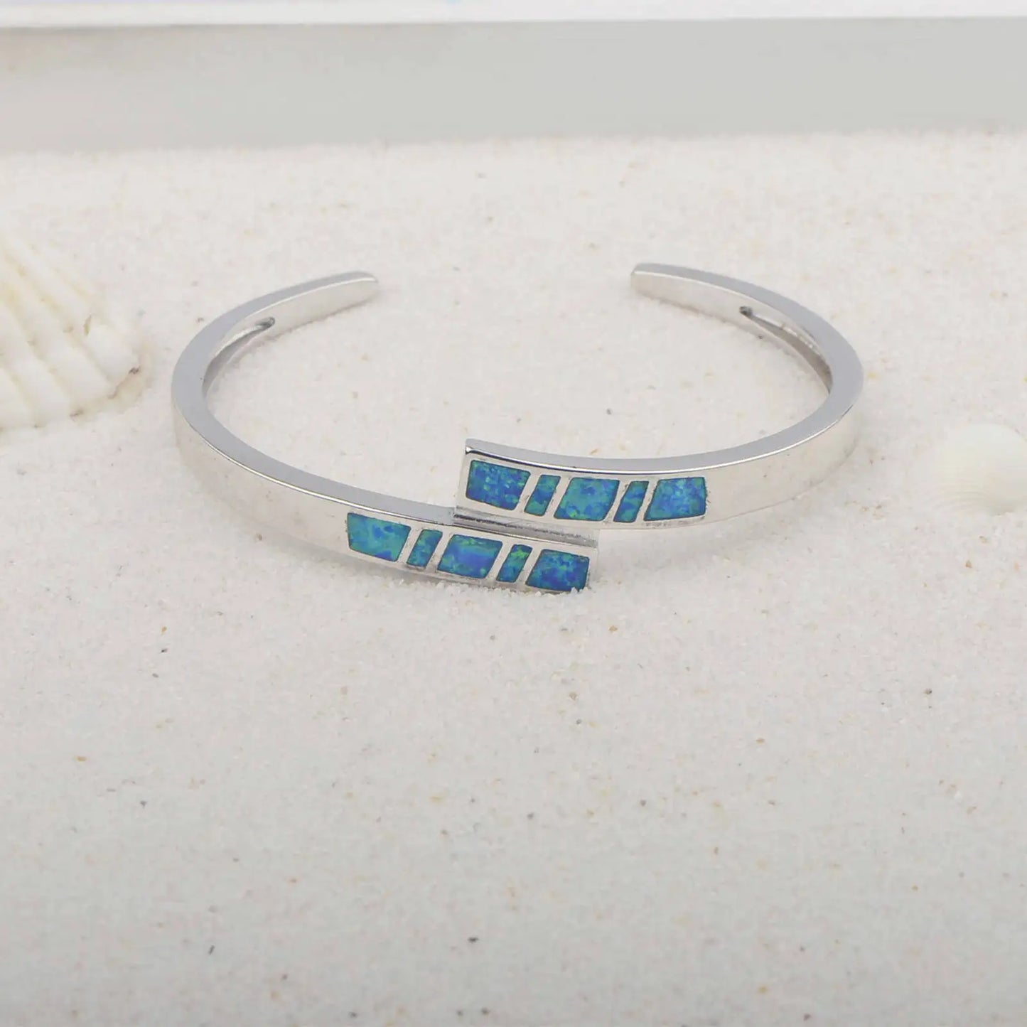 Blue Opal Beaded Brass Bangle Aobao Geometric Inlaid Silver Plated Christian Fashion Jewelry for Anniversary