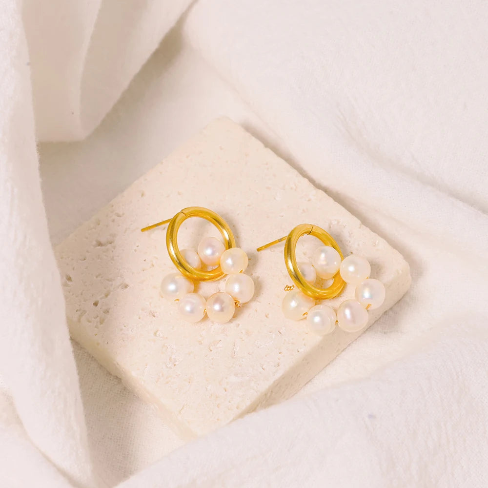 Hypoallergenic Stainless Steel 18K Gold Plated Earrings Freshwater Pearls Baroque Knot Dangling Hoop Earrings for Girls