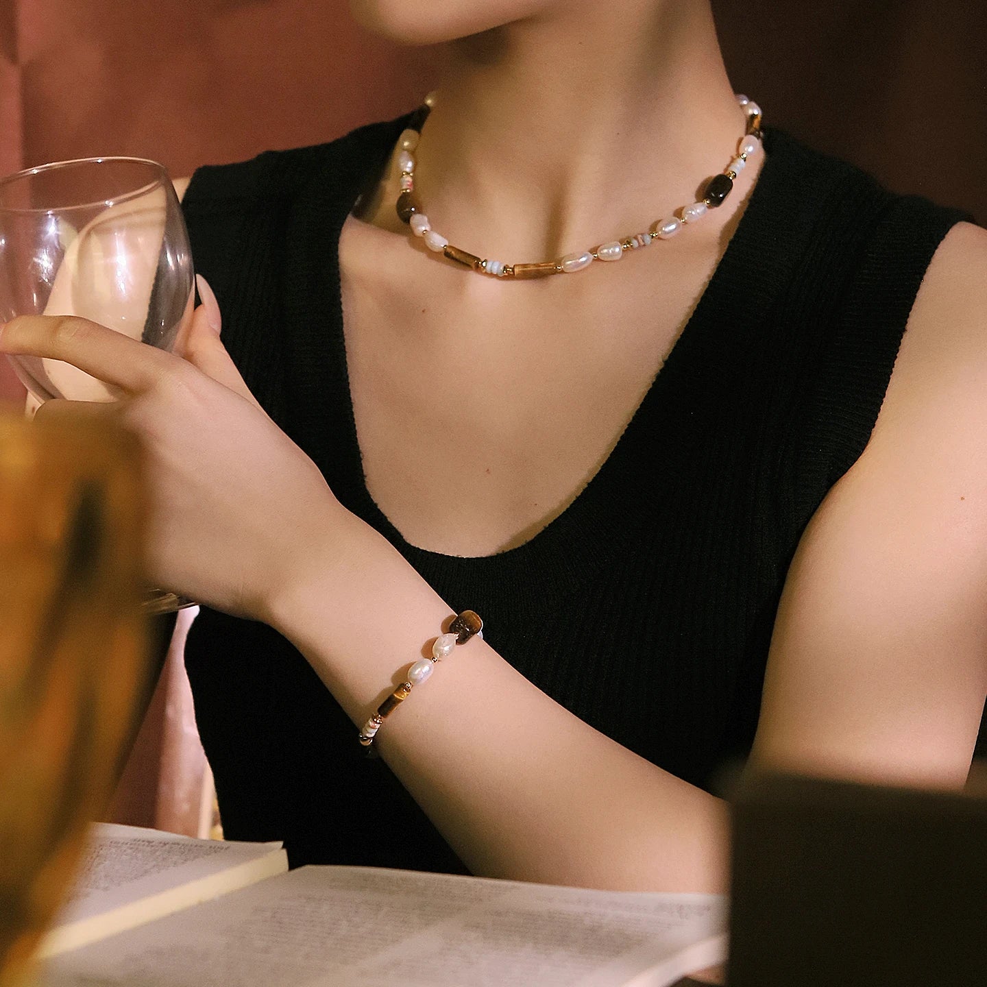 GLSEEVO Natural Pearl, Tiger Eye & Shoushan Stone Necklace & Bracelet Set — Vintage Style | White
