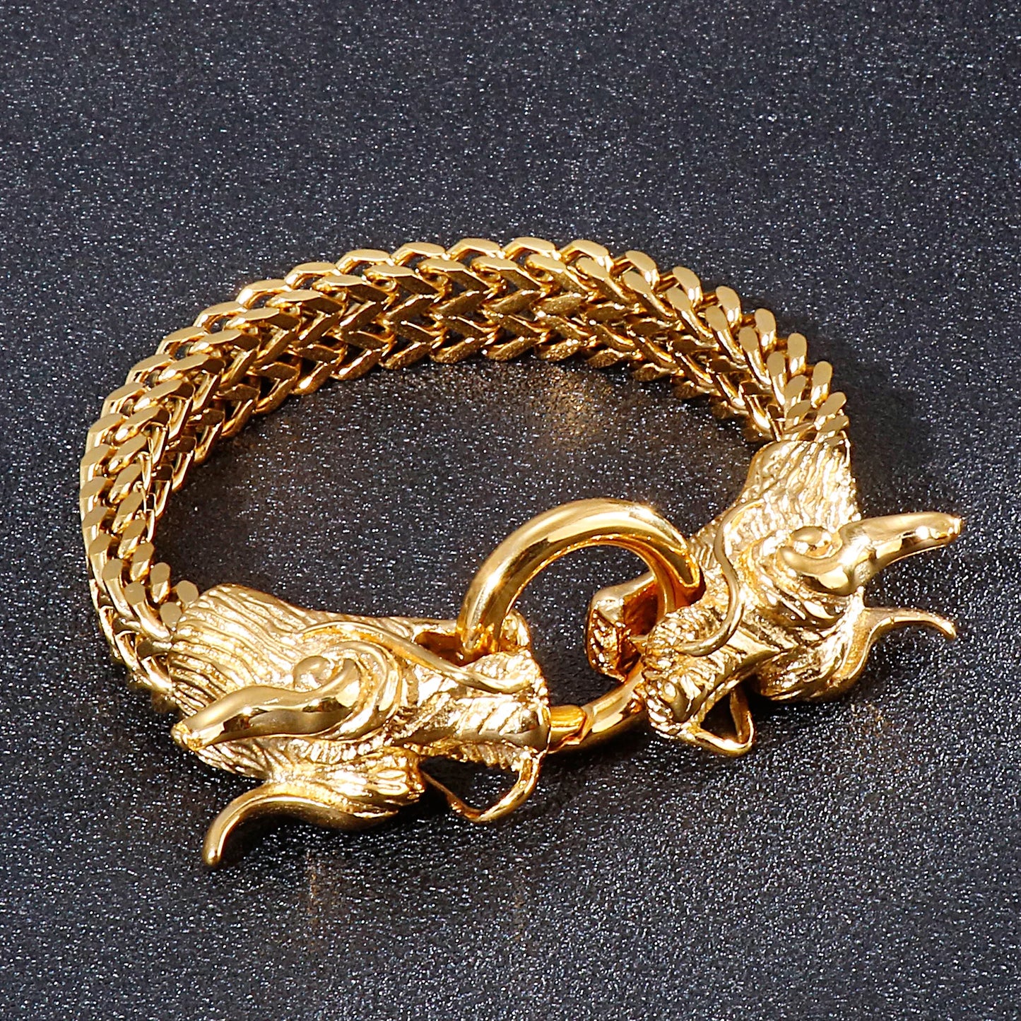 KALEN Personality 18K Gold-plating Double Dragon Buckle Bangle Stainless Steel Mens Bracelets