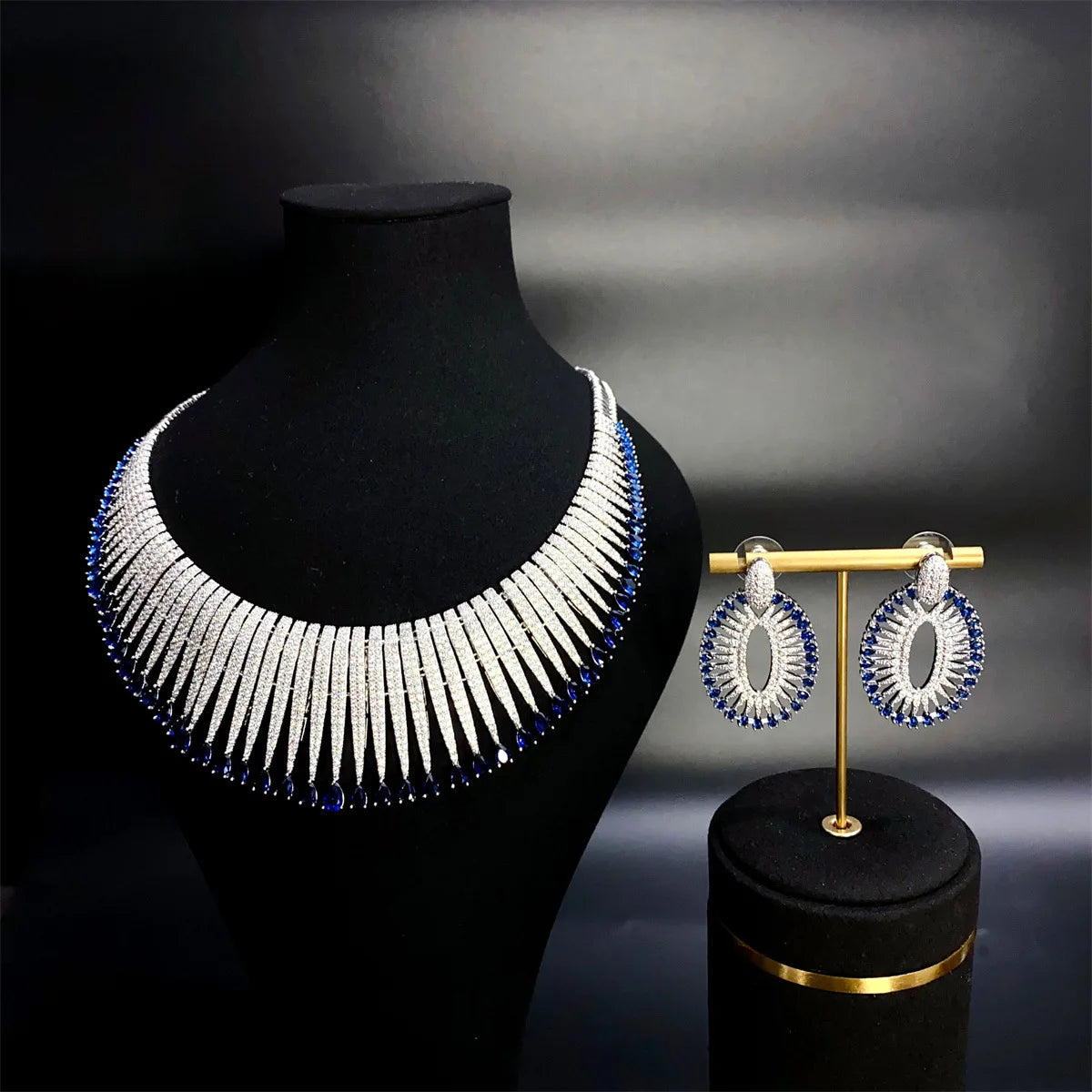 Luxury Full-Paved Zirconia 2-Piece Nigerian & UAE Dubai Geometric Necklace & Earrings Bridal Set — Rhodium Plated