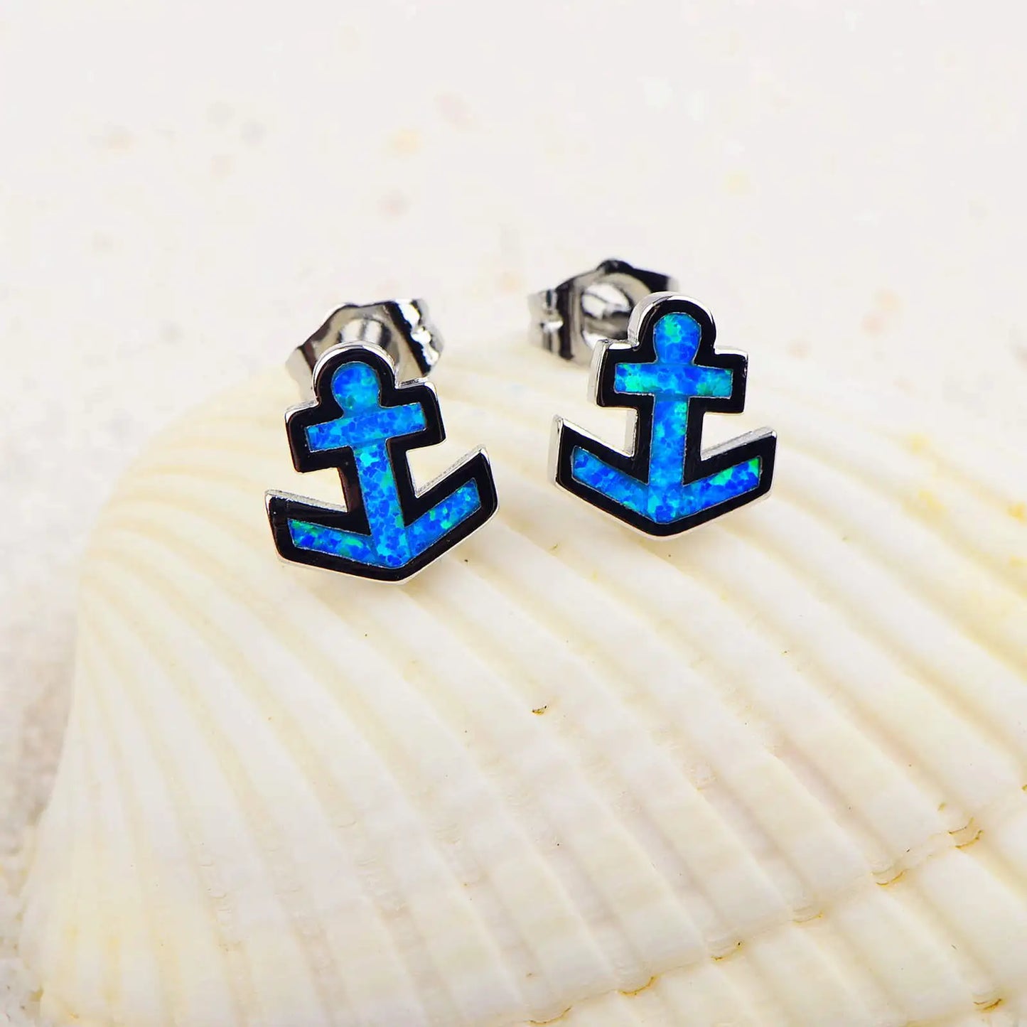TikTok Ins Hawaiian Viral Blue Opal Anchor Studs  Nautical Ship Vibe Earrings Trendy Jewelry Wholesale
