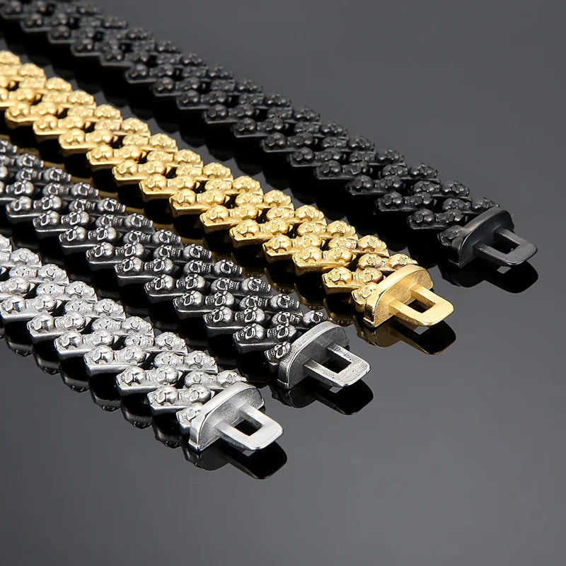 VIKING Mens Punk Skull Charm Link Bangle Bracelet – Silver, Black & Gold