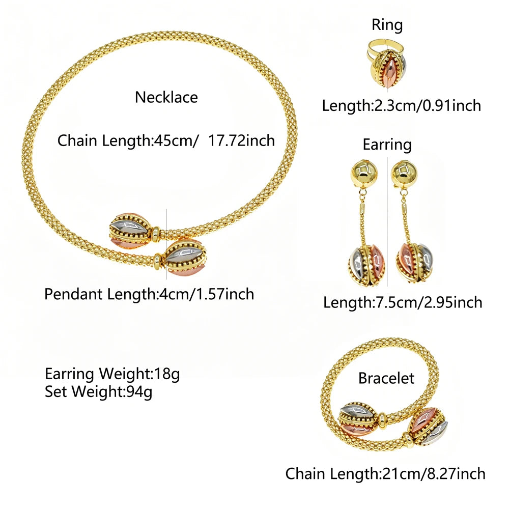 Zhuerrui Braided Gold Plated 4Pcs Jewelry Set Necklace Bangle Earrings Ring With Two Tone Inlaid Stone for Wedding Party HS26008