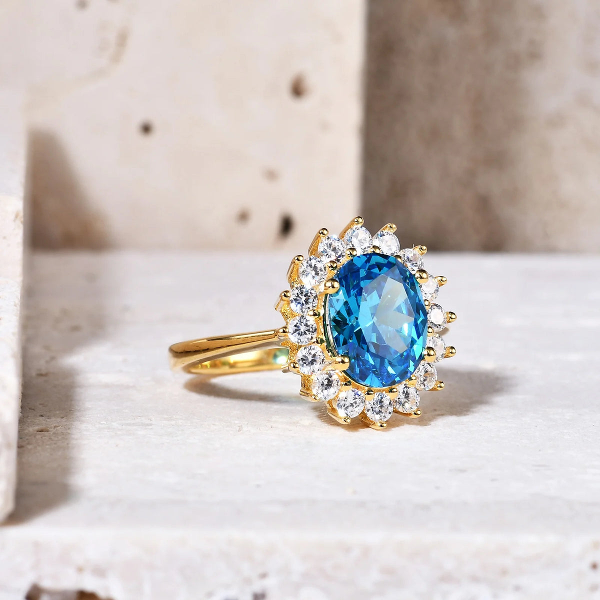 Gemfiori Abiding Gold Plated Oval Colored Stone 925 Sterling Silver Custom Wedding Halo Rings Jewelry for Women