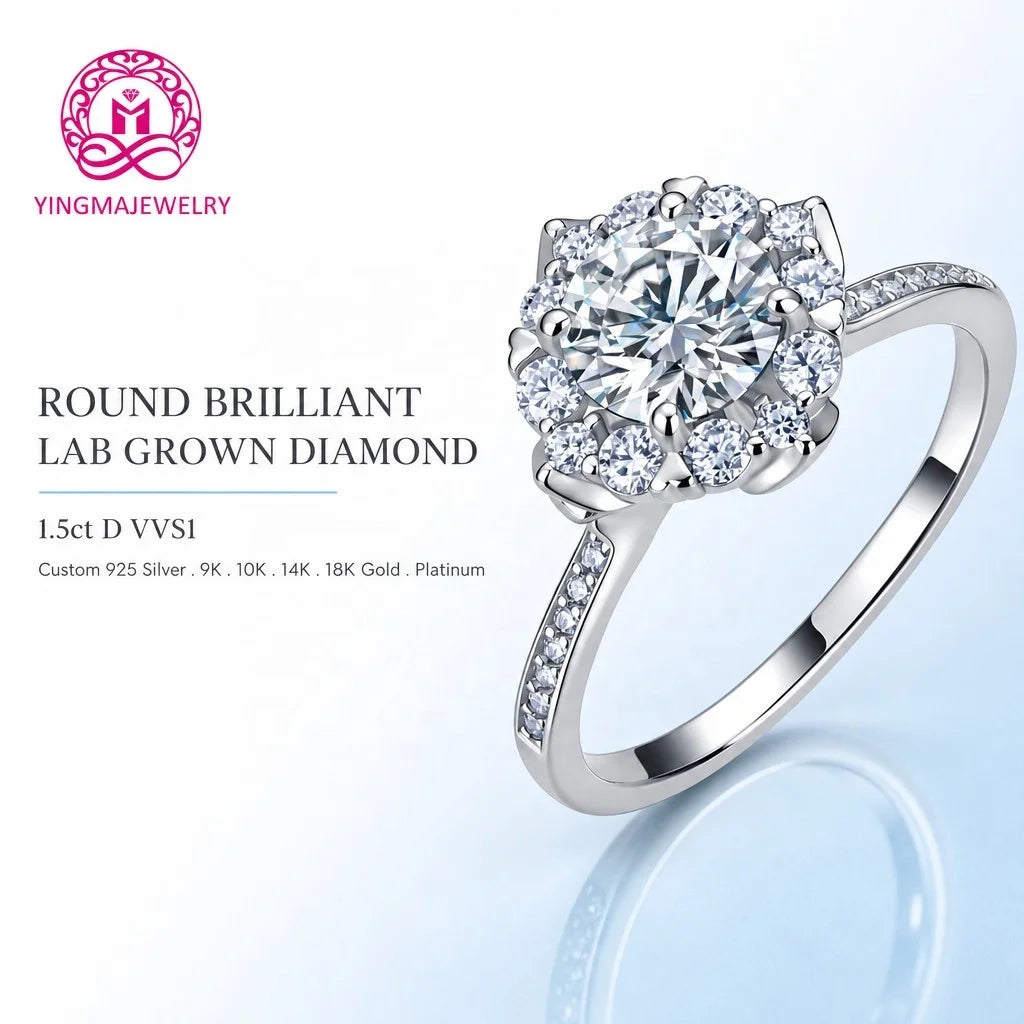 Gioiellieri Floral Petal Halo Round Lab Grown Diamond Ring 1.5Carat D VVS1 Half Pave Shoulders 9K 10K 14K 18K Gold Premium Gift Jewelry