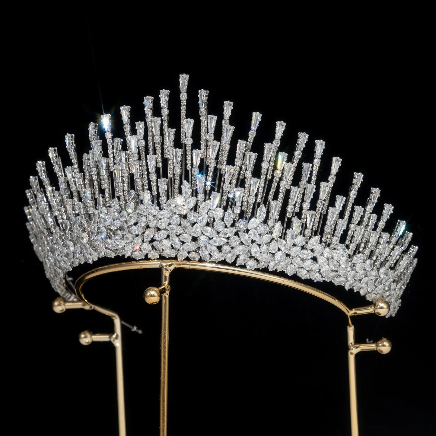 Modern Sunburst Spiked Crystal Tiara for Women Luxury Fringed Zircon Bridal Crown for Wedding Peaked Pageant Crown Tiara
