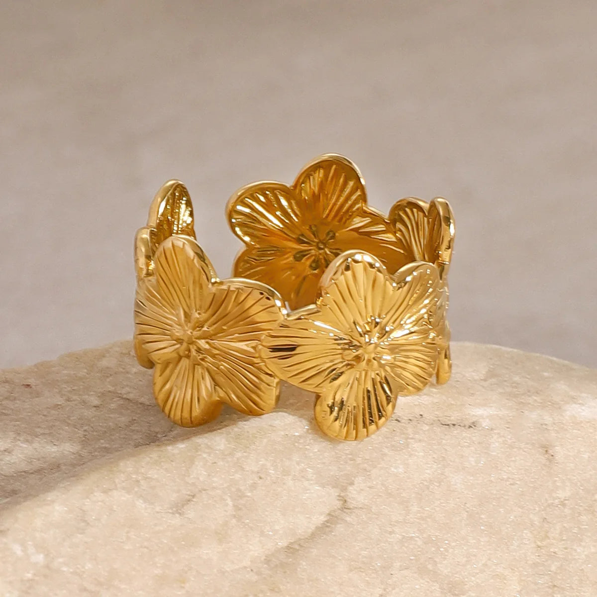 S&S 18K PVD Gold Flower Cuff Bracelet & Ring Set | Stainless Steel